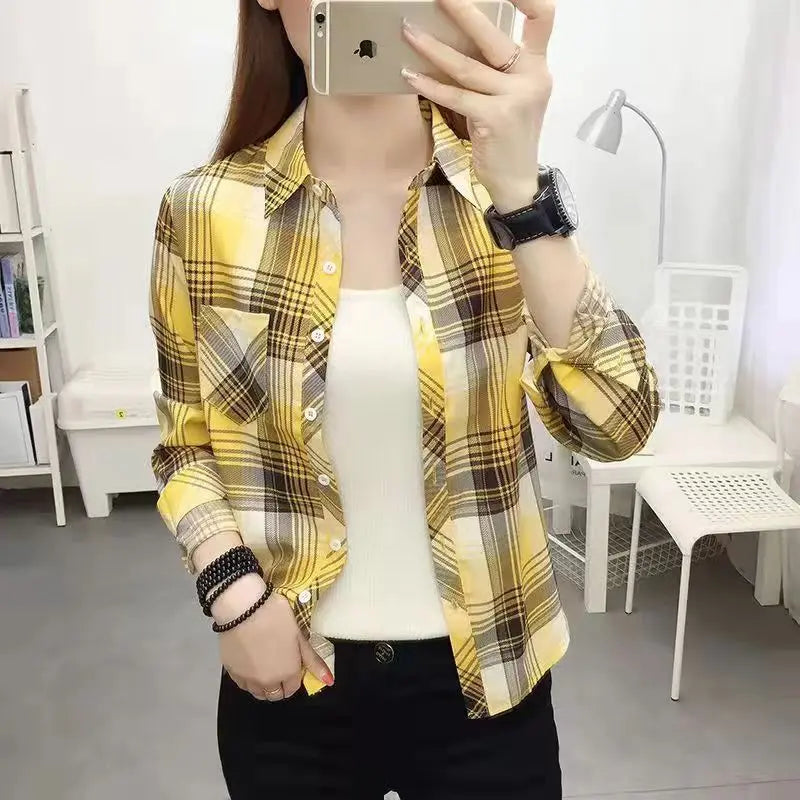 IMIEMIE 2024Spring and Autumn New College Style Women's Long sleeved Bottom Top Cardigan Long sleeved Fashion Plaid Shirt