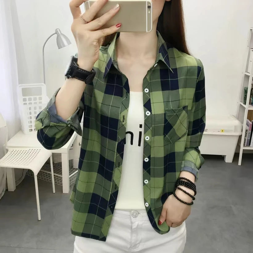 IMIEMIE 2024Spring and Autumn New College Style Women's Long sleeved Bottom Top Cardigan Long sleeved Fashion Plaid Shirt