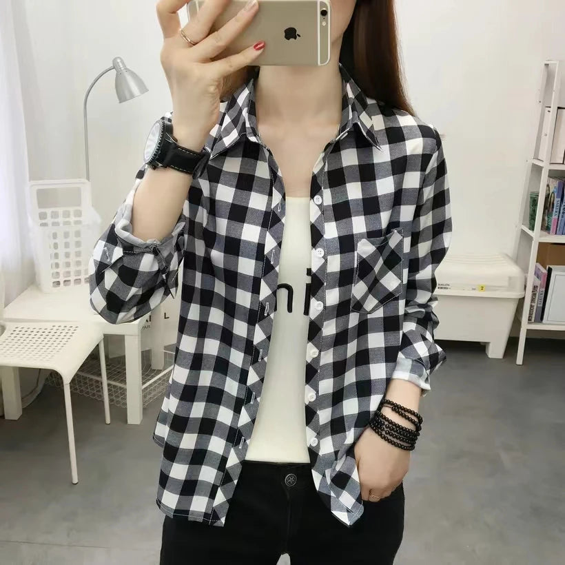 IMIEMIE 2024Spring and Autumn New College Style Women's Long sleeved Bottom Top Cardigan Long sleeved Fashion Plaid Shirt