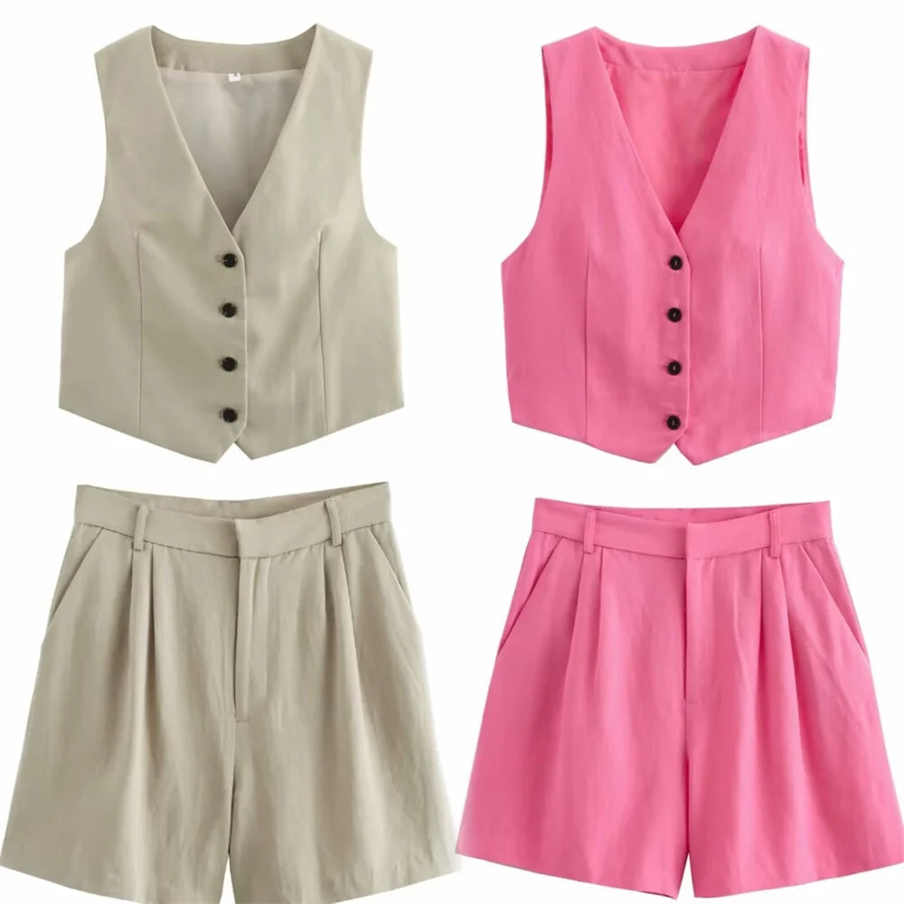 IMIEMIE 2024ZAR Summer New Women's Sweet and Cool European and American Style Fashion Split breasted Vest Shorts Set