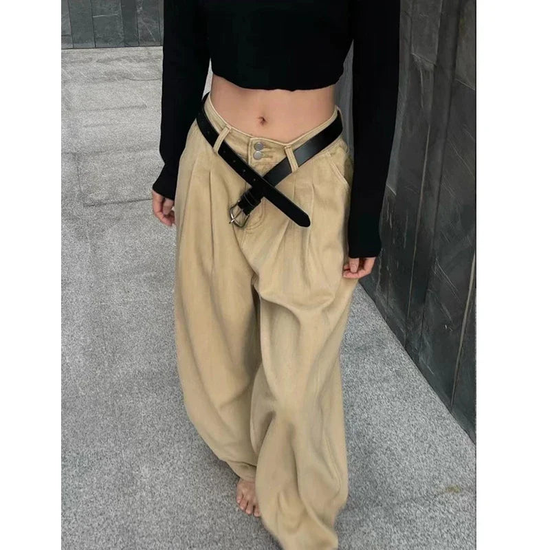 IMIEMIE 23ss Women's High Waisted Loose Flutter Jeans Fashion Wide Leg Trousers Ladies Nicole Y2k Pants Korean Style Cargo Pants Women