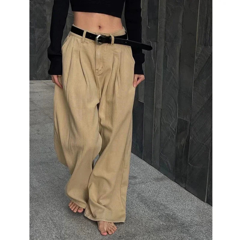 IMIEMIE 23ss Women's High Waisted Loose Flutter Jeans Fashion Wide Leg Trousers Ladies Nicole Y2k Pants Korean Style Cargo Pants Women