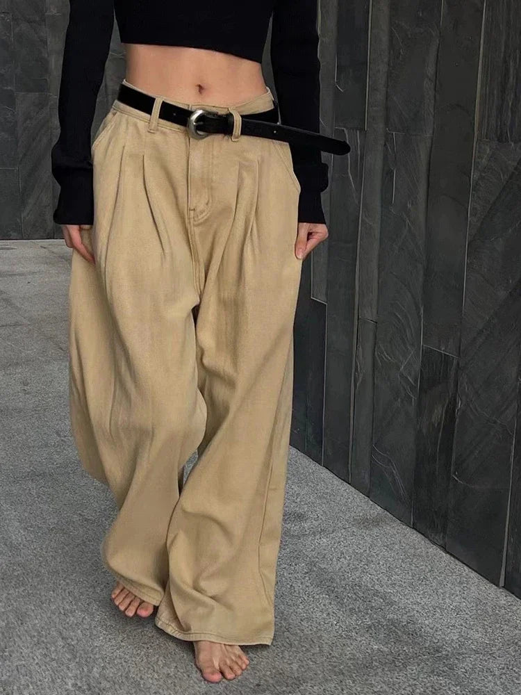 IMIEMIE 23ss Women's High Waisted Loose Flutter Jeans Fashion Wide Leg Trousers Ladies Nicole Y2k Pants Korean Style Cargo Pants Women