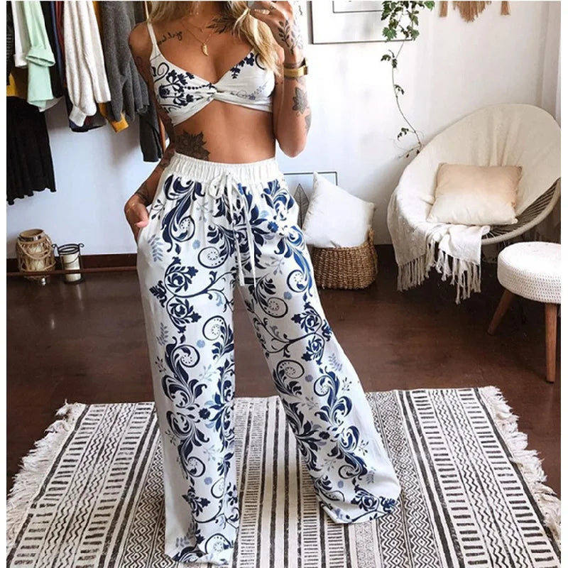 IMIEMIE 2Pcs Suit Summer Tracksuit Sets Womens Outfits Boho Beach Style Print Underwear Loose Wide Leg Pants Ropa Mujer Подходить New