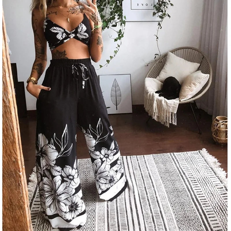 IMIEMIE 2Pcs Suit Summer Tracksuit Sets Womens Outfits Boho Beach Style Print Underwear Loose Wide Leg Pants Ropa Mujer Подходить New