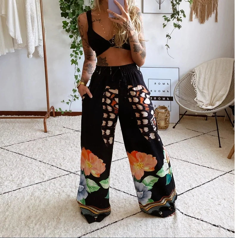 IMIEMIE 2Pcs Suit Summer Tracksuit Sets Womens Outfits Boho Beach Style Print Underwear Loose Wide Leg Pants Ropa Mujer Подходить New