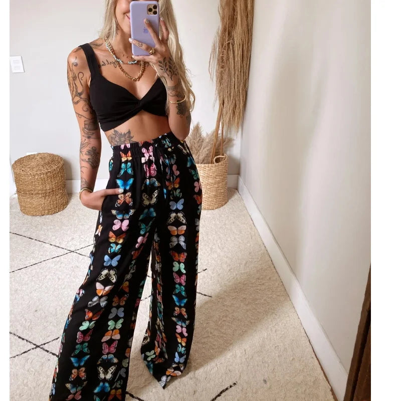 IMIEMIE 2Pcs Suit Summer Tracksuit Sets Womens Outfits Boho Beach Style Print Underwear Loose Wide Leg Pants Ropa Mujer Подходить New