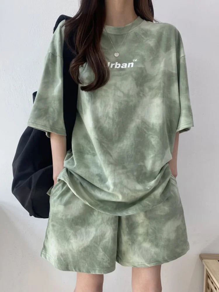 IMIEMIE 2Piece Suit Women T-Shirt Shorts Set Tie Dye Loose tshirt and wide leg middle shorts with pockets female Casual Soft Summer Sets