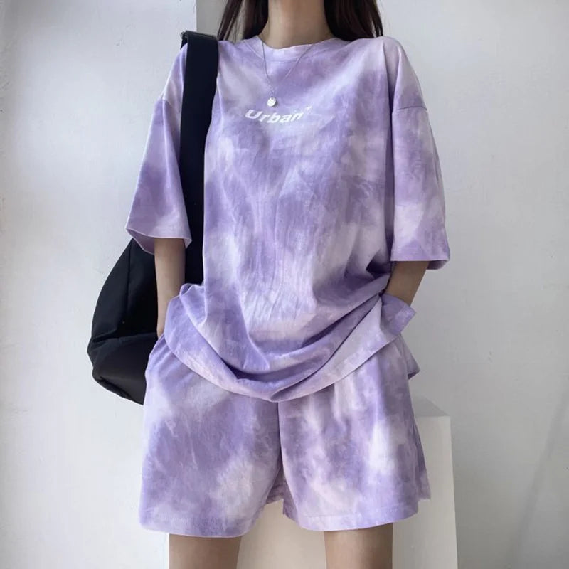 IMIEMIE 2Piece Suit Women T-Shirt Shorts Set Tie Dye Loose tshirt and wide leg middle shorts with pockets female Casual Soft Summer Sets