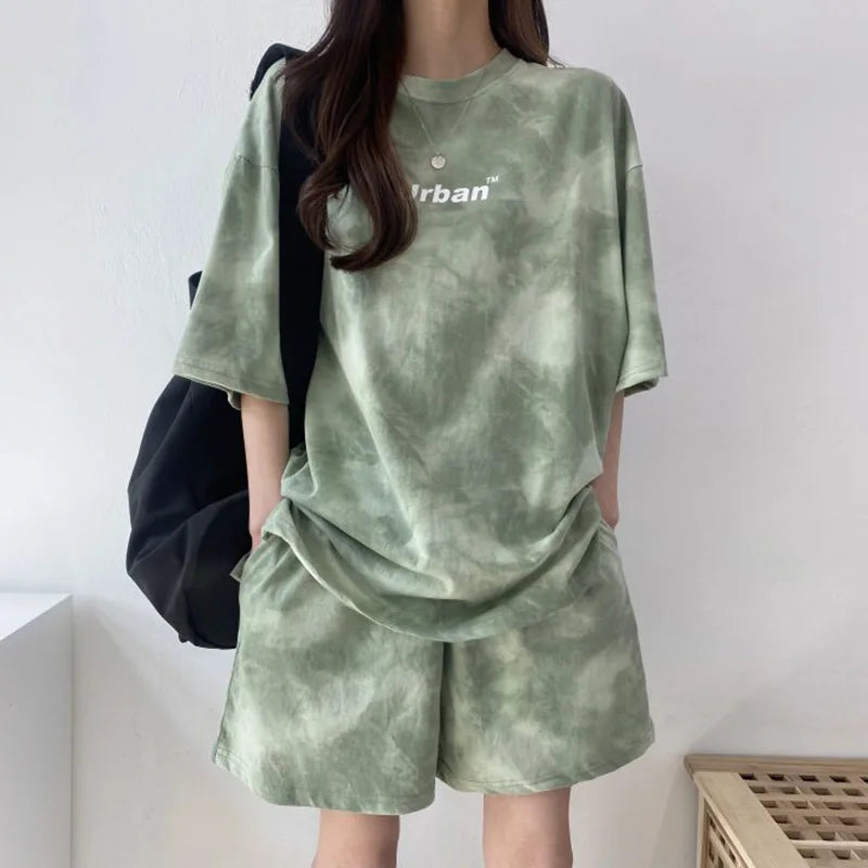 IMIEMIE 2Piece Suit Women T-Shirt Shorts Set Tie Dye Loose tshirt and wide leg middle shorts with pockets female Casual Soft Summer Sets