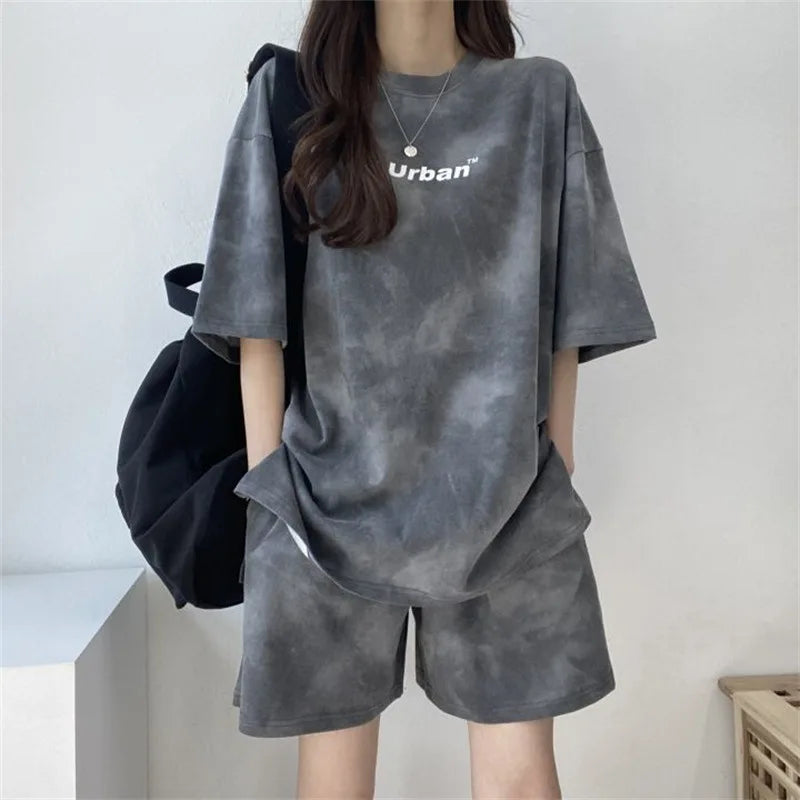 IMIEMIE 2Piece Suit Women T-Shirt Shorts Set Tie Dye Loose tshirt and wide leg middle shorts with pockets female Casual Soft Summer Sets