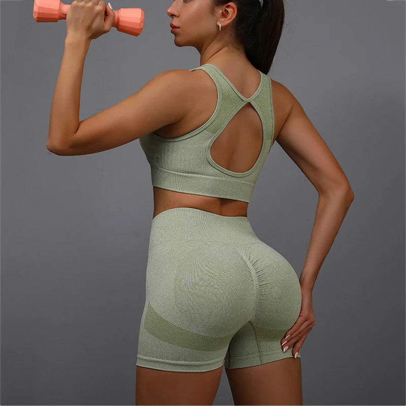 IMIEMIE 2pcs Yoga Sets Womens Outfits Peach Hip Lifting Suit Neck Hanging Sports Bra Shockproof Quick Drying Shorts Set Female Tracksuit