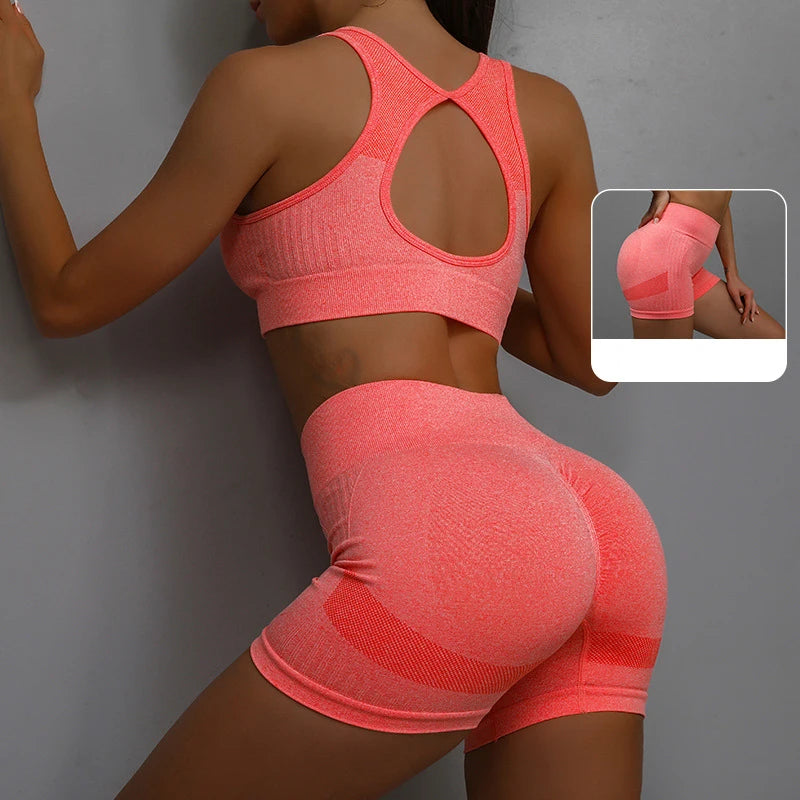 IMIEMIE 2pcs Yoga Sets Womens Outfits Peach Hip Lifting Suit Neck Hanging Sports Bra Shockproof Quick Drying Shorts Set Female Tracksuit