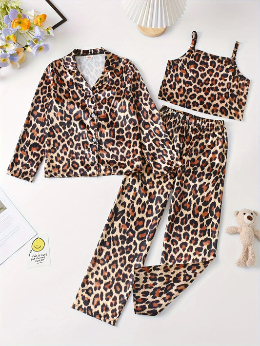 IMIEMIE 3-Piece Girls Leopard Print Satin Pajama Set - Soft, Comfortable Loungewear with Button Up Lapel Collar Blouse, Cami Top, Pants