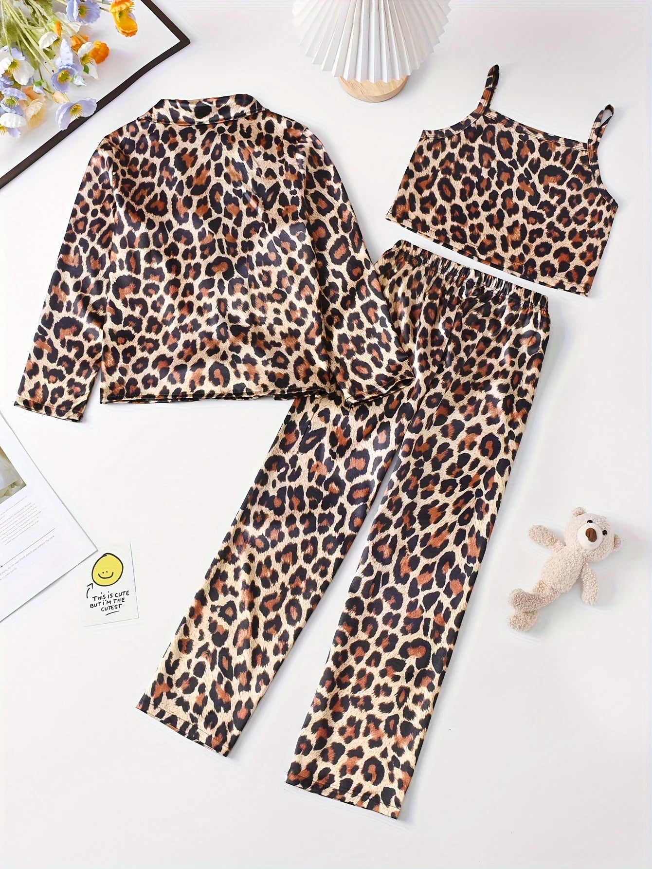 IMIEMIE 3-Piece Girls Leopard Print Satin Pajama Set - Soft, Comfortable Loungewear with Button Up Lapel Collar Blouse, Cami Top, Pants