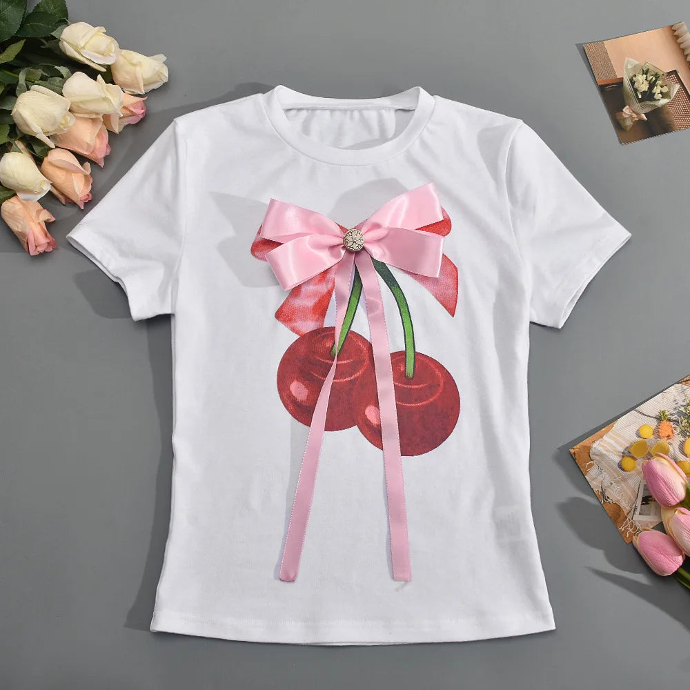 IMIEMIE 3D Butterfly Tie Decorative T Shirt For Women Coquette Bows Short Sleeve Summer Slim Fit Casual Printed Tees Tops