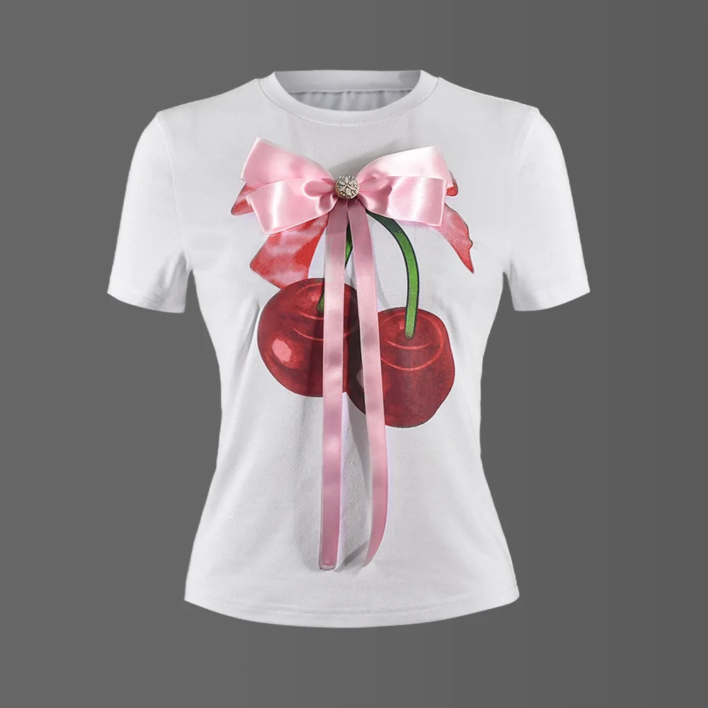 IMIEMIE 3D Butterfly Tie Decorative T Shirt For Women Coquette Bows Short Sleeve Summer Slim Fit Casual Printed Tees Tops