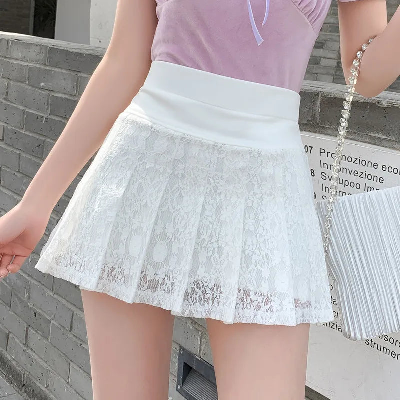 IMIEMIE A Line Mini Skirt New Ultra-short Mini Pants Elastic Waist Joker Lace Pleated  Sexy  Fashion Black White Skirt