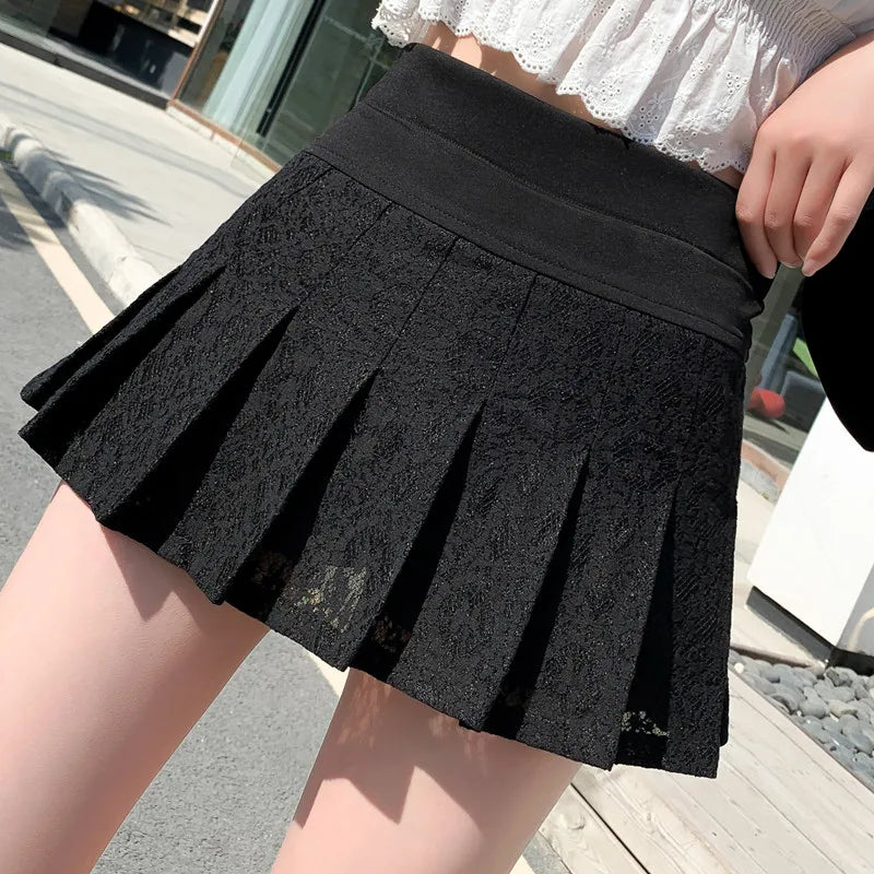 IMIEMIE A Line Mini Skirt New Ultra-short Mini Pants Elastic Waist Joker Lace Pleated  Sexy  Fashion Black White Skirt