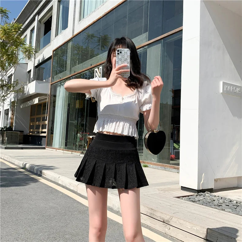 IMIEMIE A Line Mini Skirt New Ultra-short Mini Pants Elastic Waist Joker Lace Pleated  Sexy  Fashion Black White Skirt