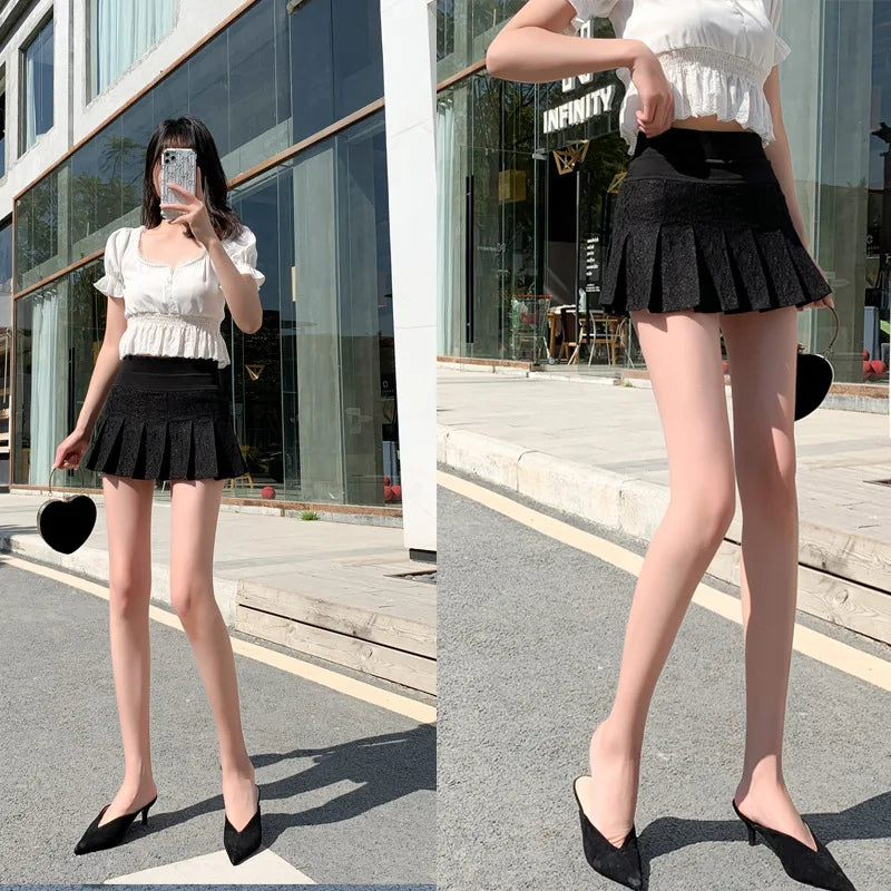 IMIEMIE A Line Mini Skirt New Ultra-short Mini Pants Elastic Waist Joker Lace Pleated  Sexy  Fashion Black White Skirt