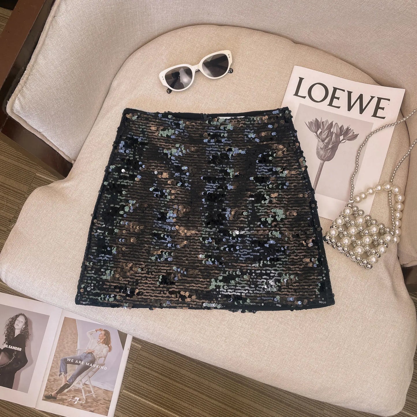 IMIEMIE A-line Sequin Skirt High Waist Sexy Faldas Mujer Moda 2024 Y2k  Short Black s Harajuku Casual