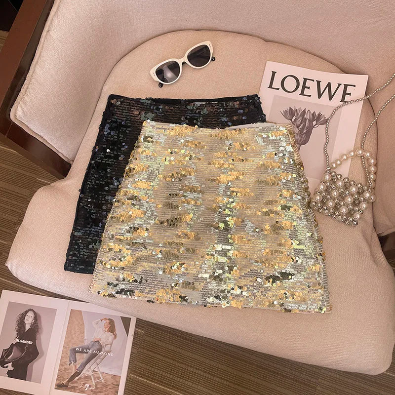 IMIEMIE A-line Sequin Skirt High Waist Sexy Faldas Mujer Moda 2024 Y2k  Short Black s Harajuku Casual