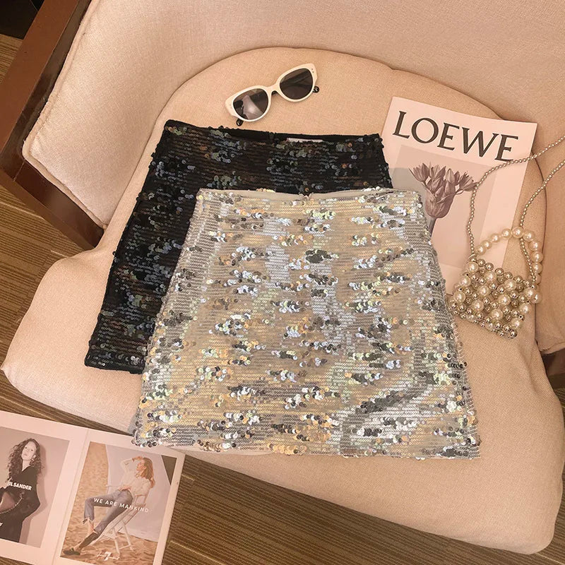 IMIEMIE A-line Sequin Skirt High Waist Sexy Faldas Mujer Moda 2024 Y2k  Short Black s Harajuku Casual