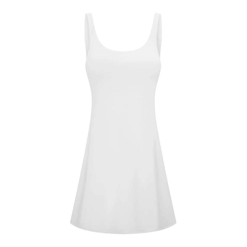 IMIEMIE ABS LOLI U-shaped Backless Tennis Dress Women Workout Golf Dress Built-in Bra & Shorts Inner Pockets Sleeveless Athletic Dresses