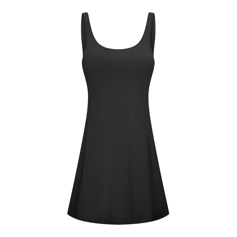 IMIEMIE ABS LOLI U-shaped Backless Tennis Dress Women Workout Golf Dress Built-in Bra & Shorts Inner Pockets Sleeveless Athletic Dresses