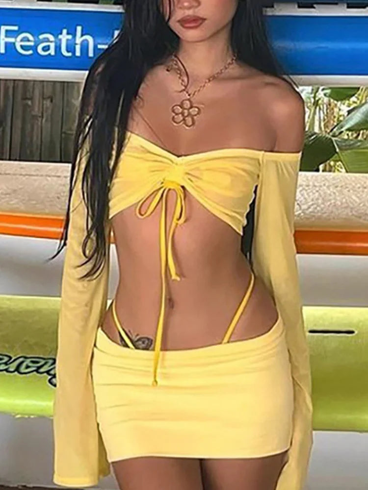 IMIEMIE ALLNeon Y2K Aesthetics Sexy Co-ord Sets Yellow 2000s Clubwear Off Shoulder Flare Sleeve Crop Tops and Micro Skirt 2 Piece Suits