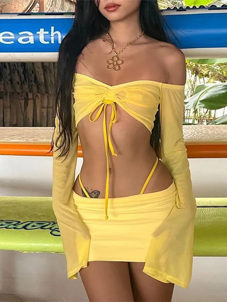 IMIEMIE ALLNeon Y2K Aesthetics Sexy Co-ord Sets Yellow 2000s Clubwear Off Shoulder Flare Sleeve Crop Tops and Micro Skirt 2 Piece Suits