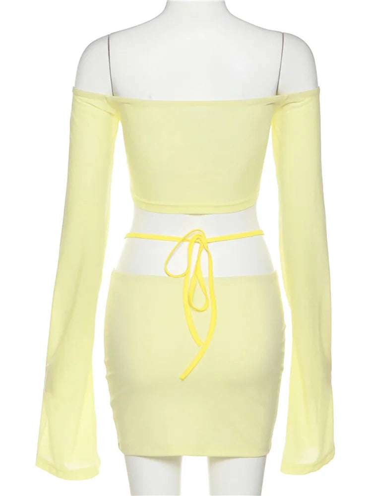 IMIEMIE ALLNeon Y2K Aesthetics Sexy Co-ord Sets Yellow 2000s Clubwear Off Shoulder Flare Sleeve Crop Tops and Micro Skirt 2 Piece Suits