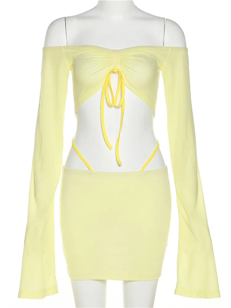 IMIEMIE ALLNeon Y2K Aesthetics Sexy Co-ord Sets Yellow 2000s Clubwear Off Shoulder Flare Sleeve Crop Tops and Micro Skirt 2 Piece Suits