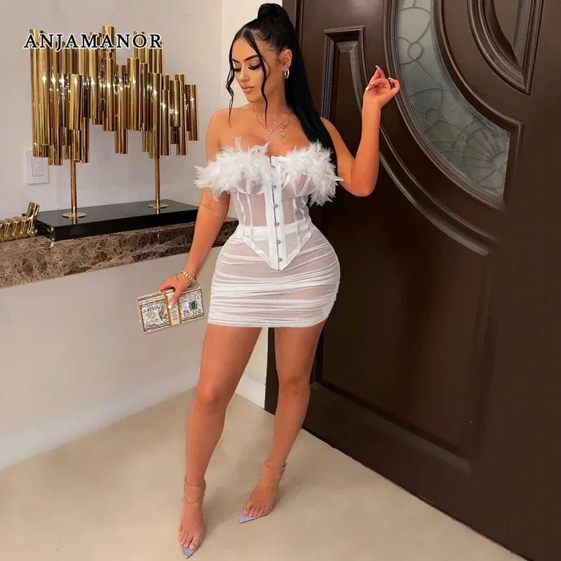 IMIEMIE ANJAMANOR Feather Mesh Corset Top and Skirt Sexy 2 Piece Set Party Night Club Outfits for Women See Through Mini Dress D42-DG20