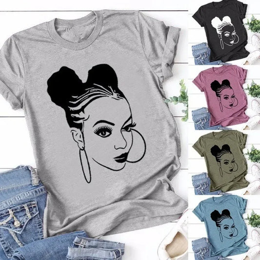 IMIEMIE African Girl Print T Shirt Women Short Sleeve O Neck Loose Tshirt Summer Women Tee Shirt Tops Camisetas Mujer