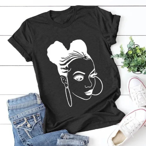 IMIEMIE African Girl Print T Shirt Women Short Sleeve O Neck Loose Tshirt Summer Women Tee Shirt Tops Camisetas Mujer