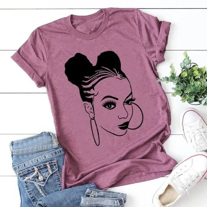 IMIEMIE African Girl Print T Shirt Women Short Sleeve O Neck Loose Tshirt Summer Women Tee Shirt Tops Camisetas Mujer