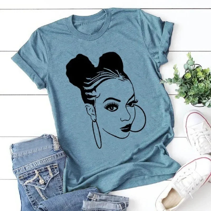 IMIEMIE African Girl Print T Shirt Women Short Sleeve O Neck Loose Tshirt Summer Women Tee Shirt Tops Camisetas Mujer