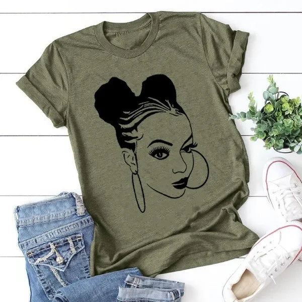 IMIEMIE African Girl Print T Shirt Women Short Sleeve O Neck Loose Tshirt Summer Women Tee Shirt Tops Camisetas Mujer