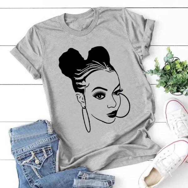 IMIEMIE African Girl Print T Shirt Women Short Sleeve O Neck Loose Tshirt Summer Women Tee Shirt Tops Camisetas Mujer