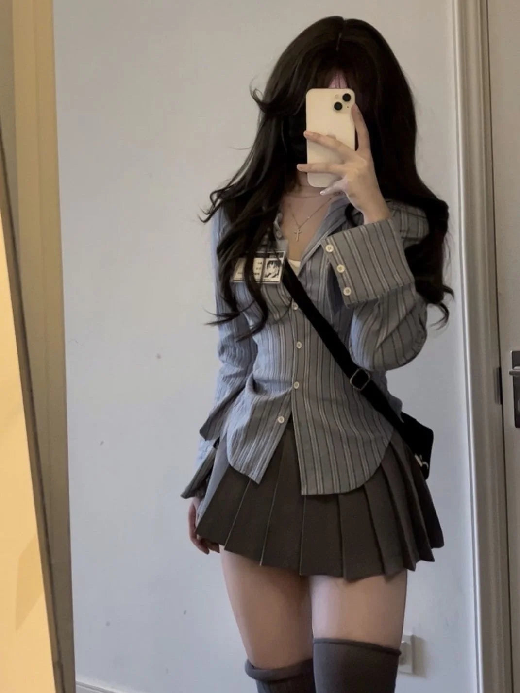 IMIEMIE American Academy Spicy Girl Shirt Women's Spring New Waist Slim Long Sleeve Stripe Top 100 Pleated Short Skirt Set