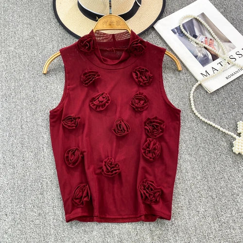 IMIEMIE American Chic Tank Top Women 3D Floral Mesh Sheer Stand Collar Sleeveless Female Crop Tops Streetwear Hot Camisole Dropshipping