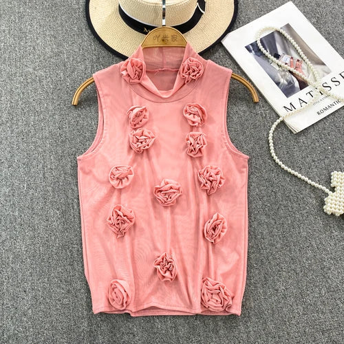 IMIEMIE American Chic Tank Top Women 3D Floral Mesh Sheer Stand Collar Sleeveless Female Crop Tops Streetwear Hot Camisole Dropshipping