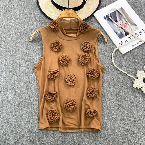 IMIEMIE American Chic Tank Top Women 3D Floral Mesh Sheer Stand Collar Sleeveless Female Crop Tops Streetwear Hot Camisole Dropshipping