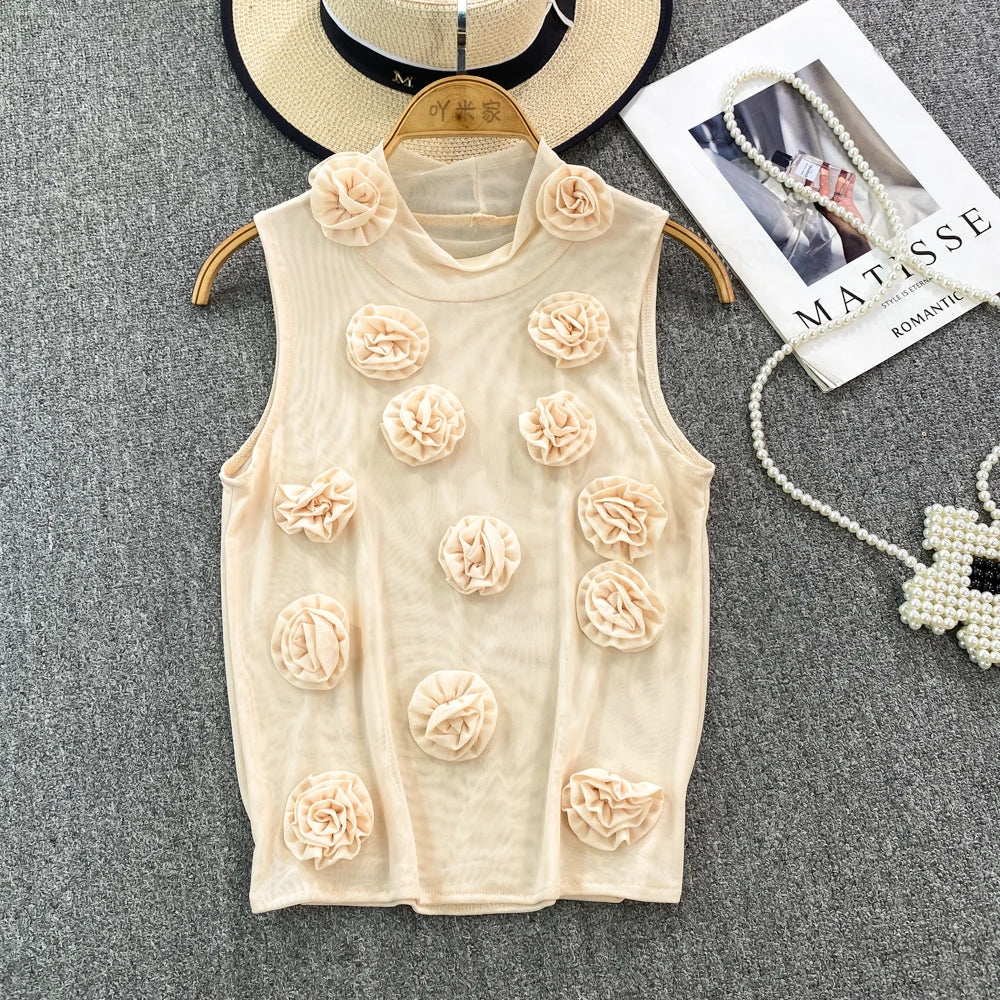 IMIEMIE American Chic Tank Top Women 3D Floral Mesh Sheer Stand Collar Sleeveless Female Crop Tops Streetwear Hot Camisole Dropshipping