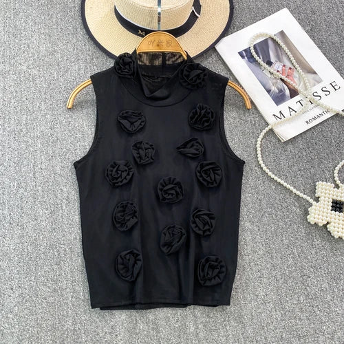 IMIEMIE American Chic Tank Top Women 3D Floral Mesh Sheer Stand Collar Sleeveless Female Crop Tops Streetwear Hot Camisole Dropshipping