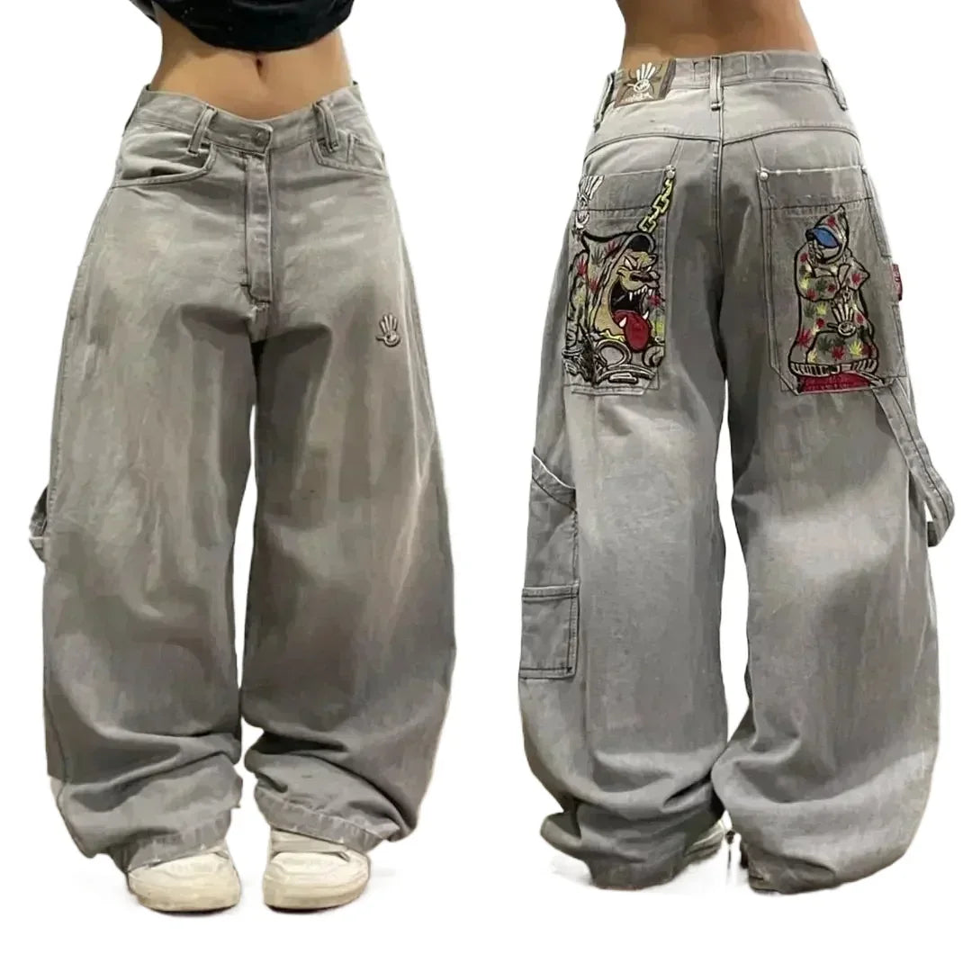 IMIEMIE American Hip Hop Retro Gothic Print Jeans Women Y2K New Street Selling Fashion Loose Straight Wide Leg Pants Unisex Joker Jeans