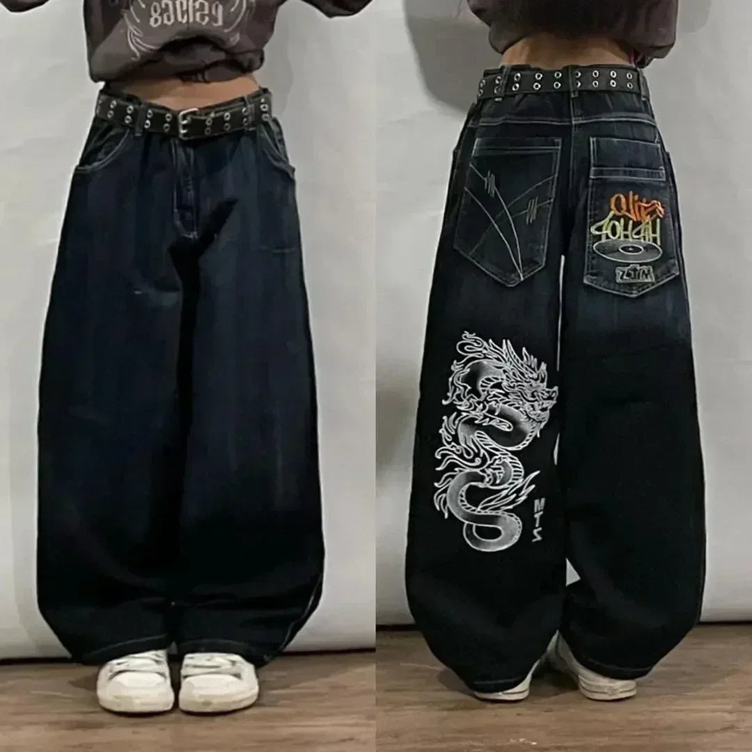 IMIEMIE American Hip Hop Retro Gothic Print Jeans Women Y2K New Street Selling Fashion Loose Straight Wide Leg Pants Unisex Joker Jeans