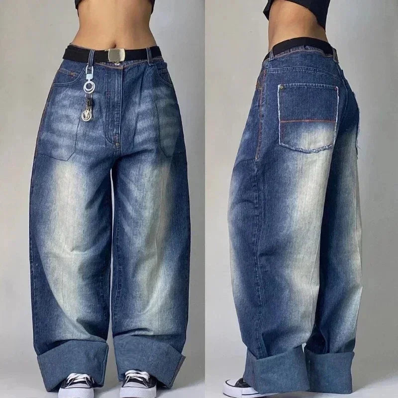 IMIEMIE American Hip Hop Retro Gothic Print Jeans Women Y2K New Street Selling Fashion Loose Straight Wide Leg Pants Unisex Joker Jeans